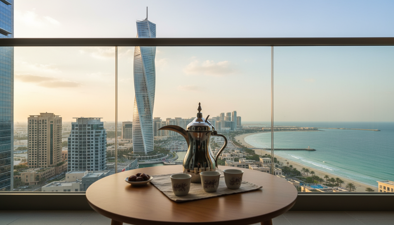 Early morning view from a Dubai Marina apartment balcony, showing the distinctive twisted Cayan Towe