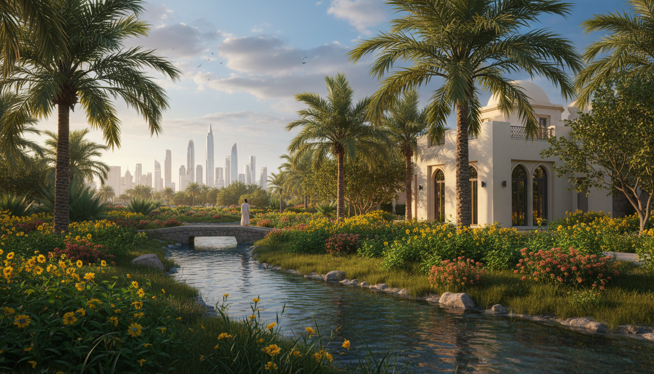Lush green gardens and natural waterways in Al Barari Dubai, showing the contrast between desert cit