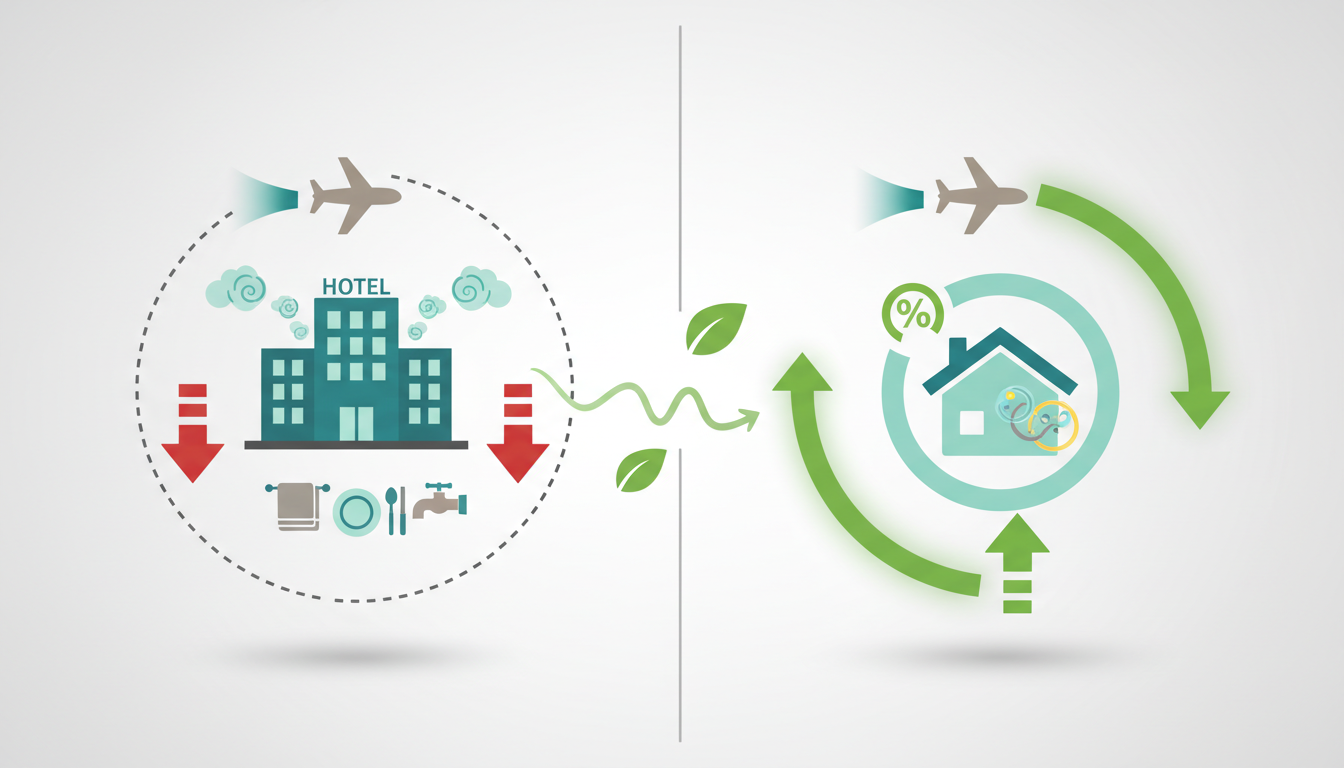 Split-screen infographic showing left side - traditional hotel stay carbon footprint breakdown fligh