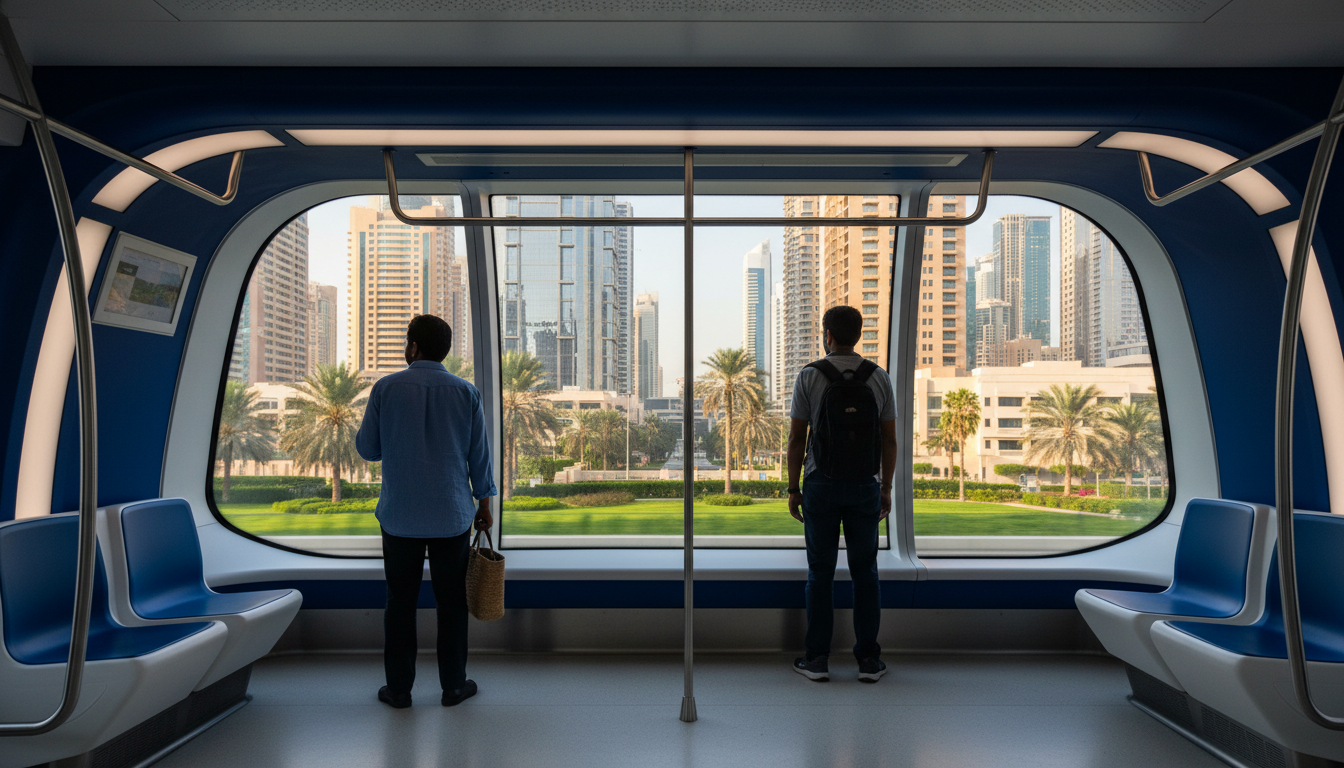 Interior of the Dubai Metro with its futuristic design, showing the clean, air-conditioned carriage