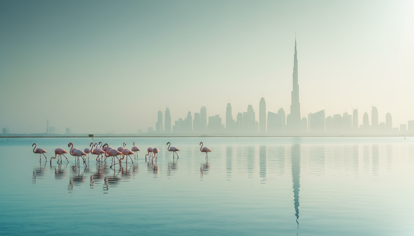 Greater flamingos wading in the shallow waters of Ras Al Khor Wildlife Sanctuary, with the Dubai sky