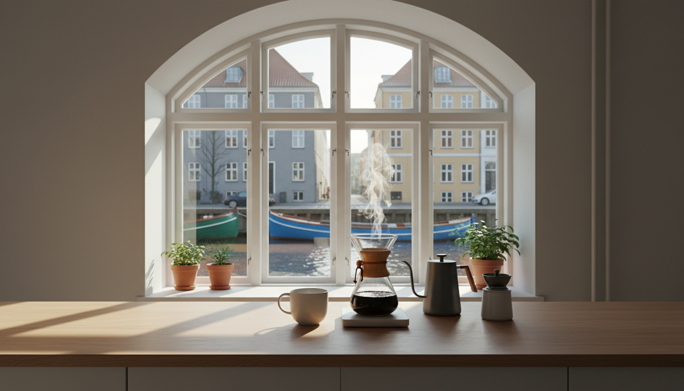 Morning light streaming through a Copenhagen apartment window, pour-over coffee setup on a wooden co
