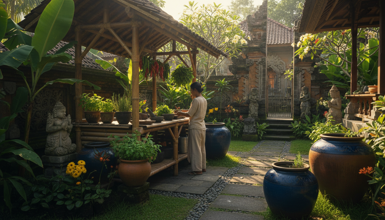 Traditional Balinese home compound in Ubud with lush garden, rainwater collection vessels, and a sha