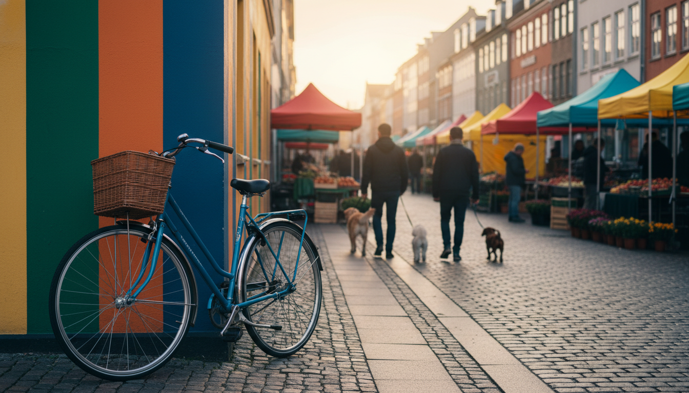 Bicycle parked against a colorful building in Copenhagens Vesterbro neighborhood, morning market set