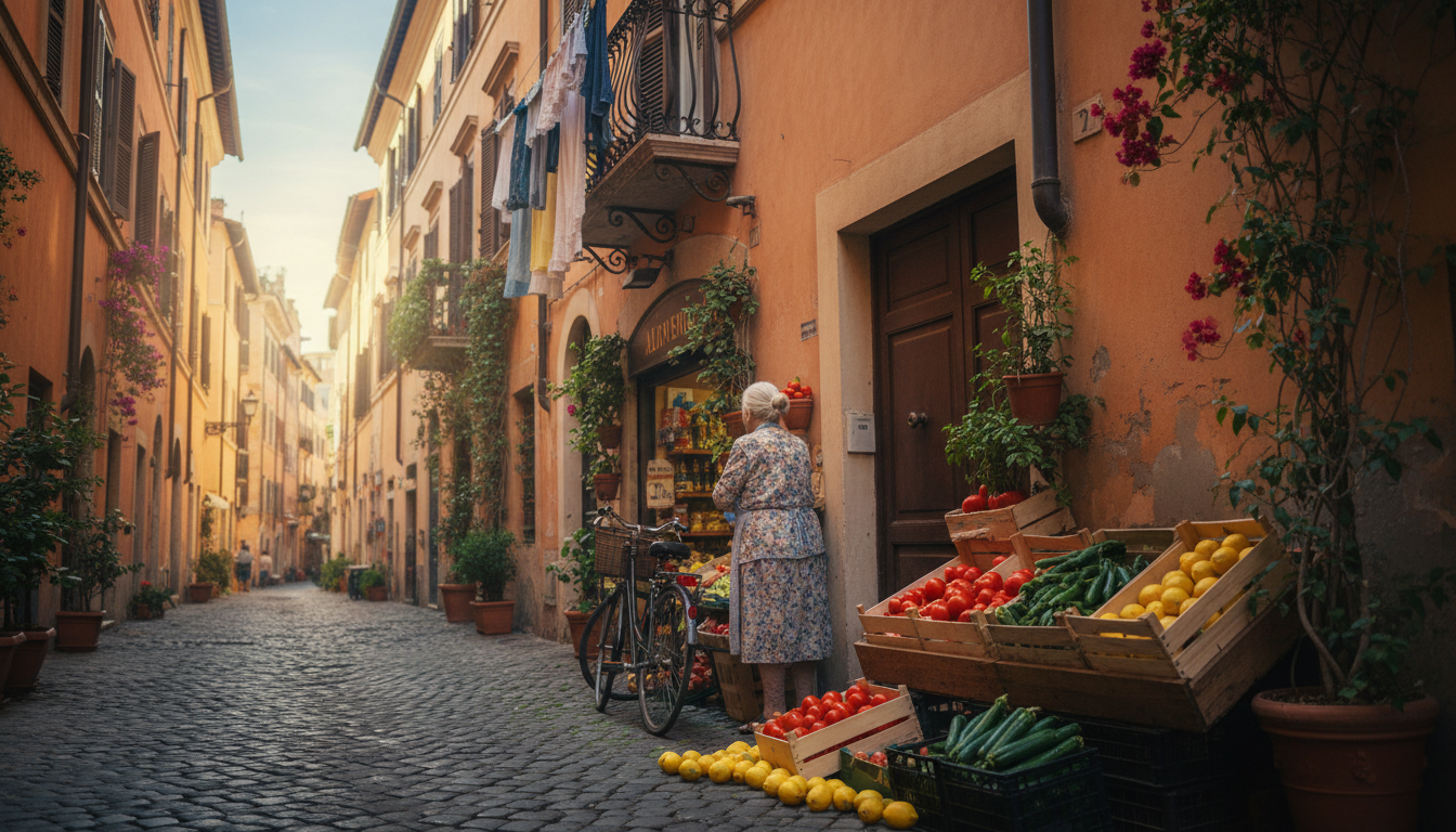 Narrow street in Romes Testaccio neighborhood, local nonna hanging laundry from a balcony, small ali