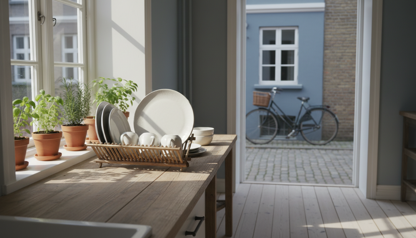 Morning light streaming through a Copenhagen apartment kitchen, ceramic dishes drying on a wooden ra
