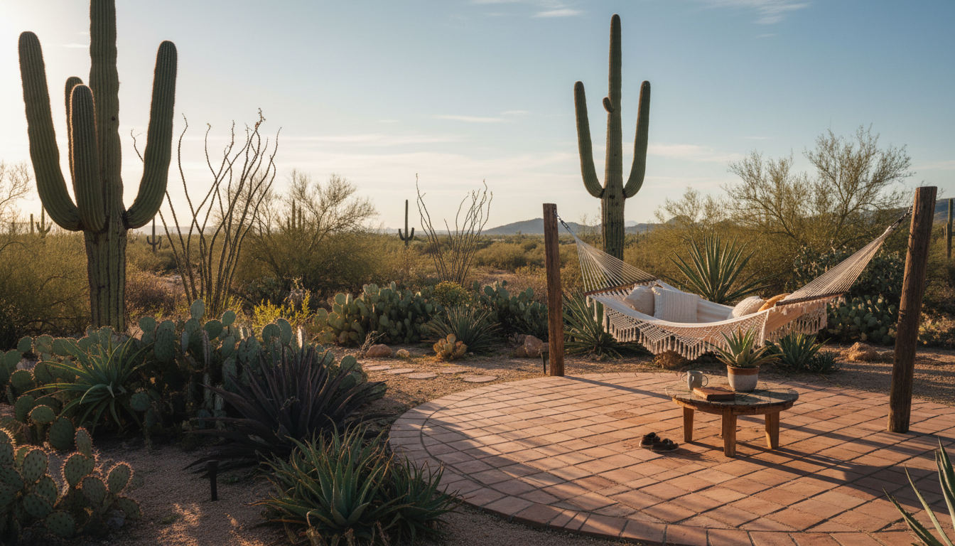 Desert garden in Tucson with native saguaro cacti, drought-resistant plants, and a small patio with