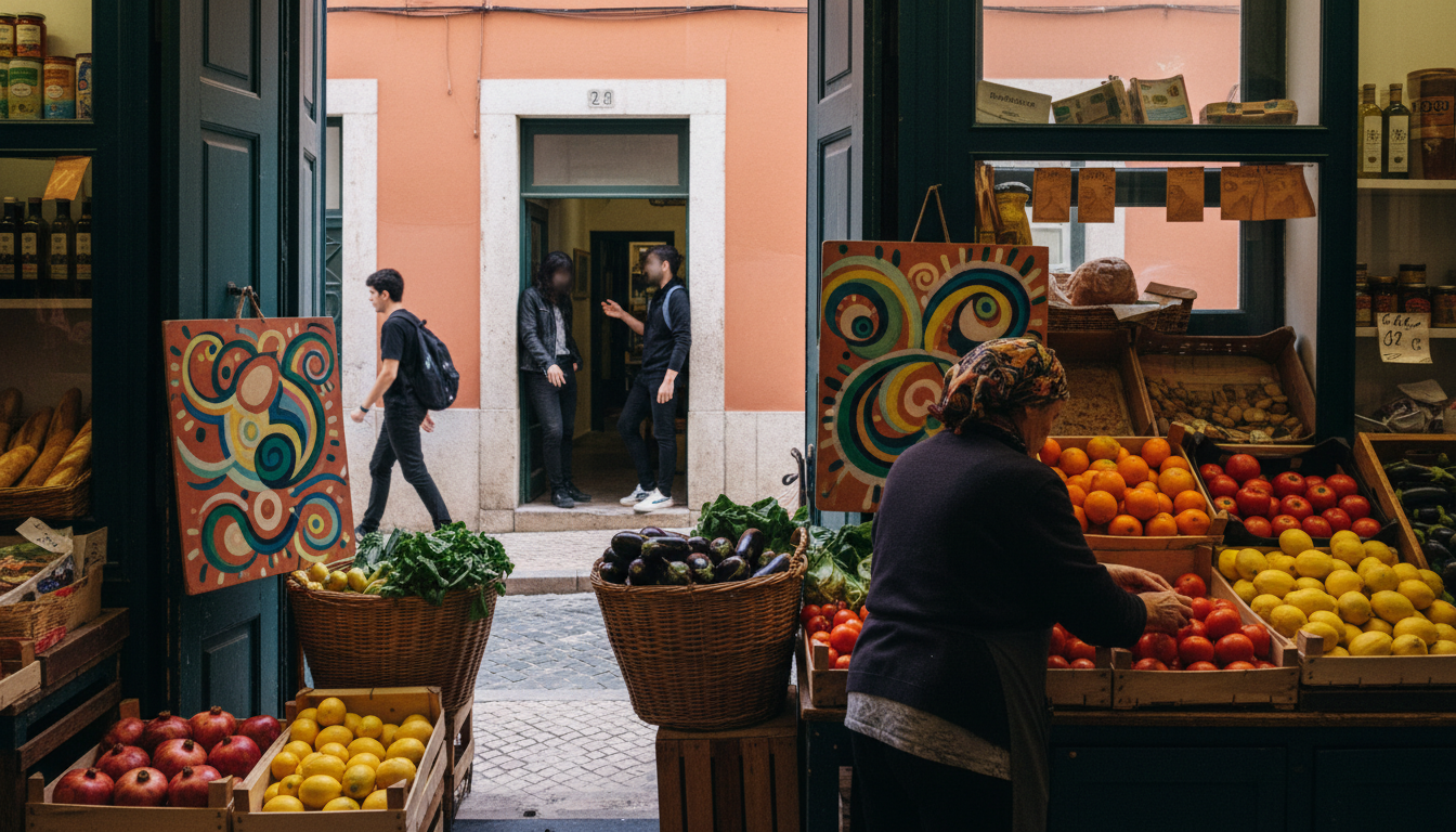 Small neighborhood market in Lisbons Alfama district, elderly vendor arranging fresh produce, hand-p
