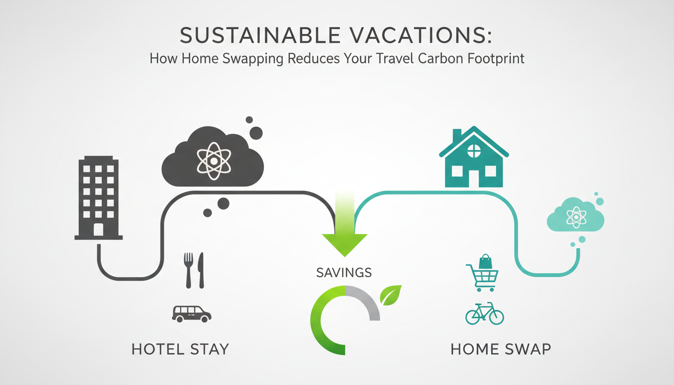 Infographic showing carbon footprint comparison - hotel stay vs home swap over 7 nights, including a