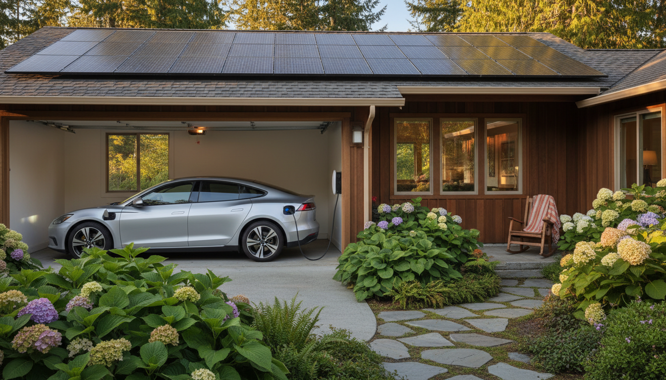 Electric car plugged in at a Portland homes garage, solar panels visible on the roof, lush Pacific N
