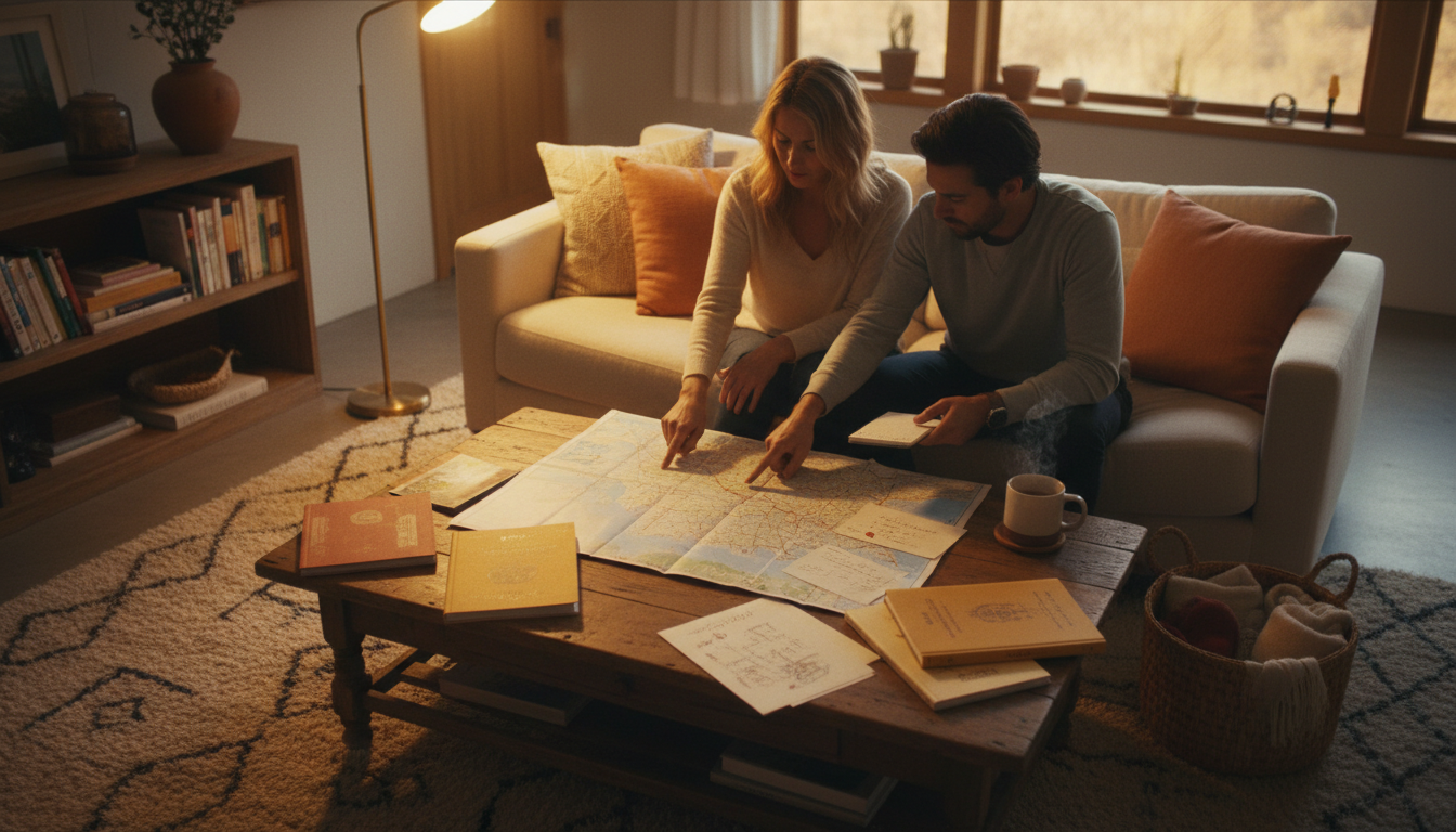 Cozy living room scene with two travelers looking at a physical map together, local guidebooks and h