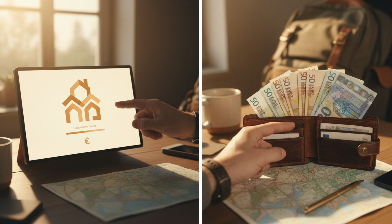 Split-screen showing SwappaHome credit dashboard on one side and a wallet with euros on the other, w