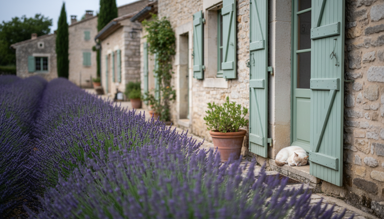 Charming stone cottage in a Provenal village with lavender in the foreground, shuttered windows, and