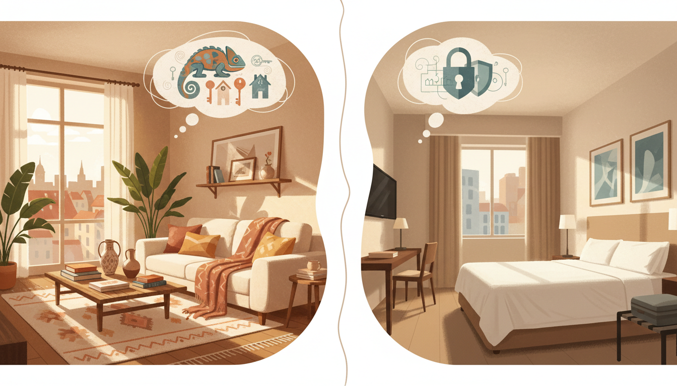 Side-by-side comparison showing a cozy home exchange living room on one side and a standardized hote
