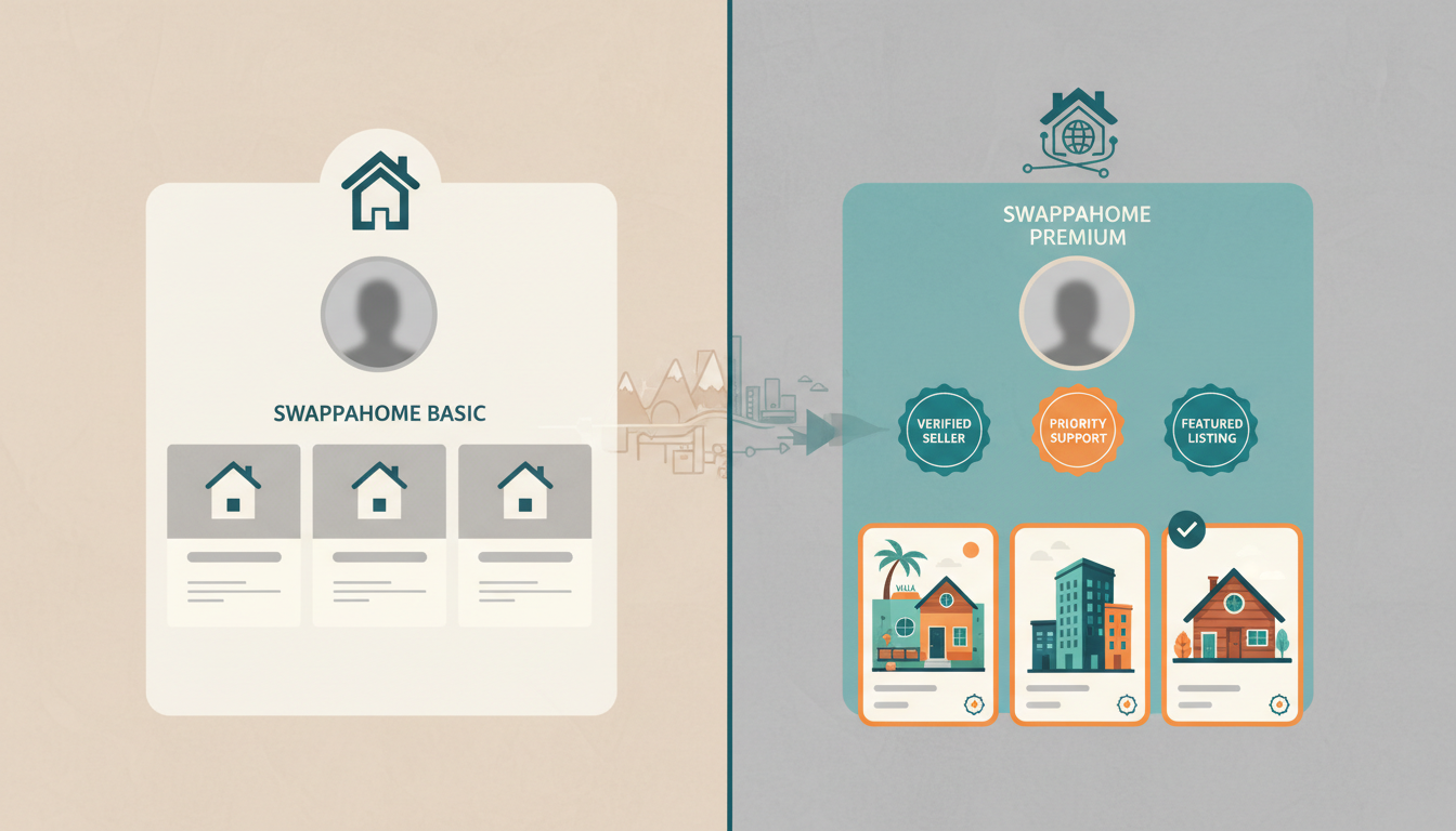 Split-screen showing a basic SwappaHome profile on the left and a premium profile with verification