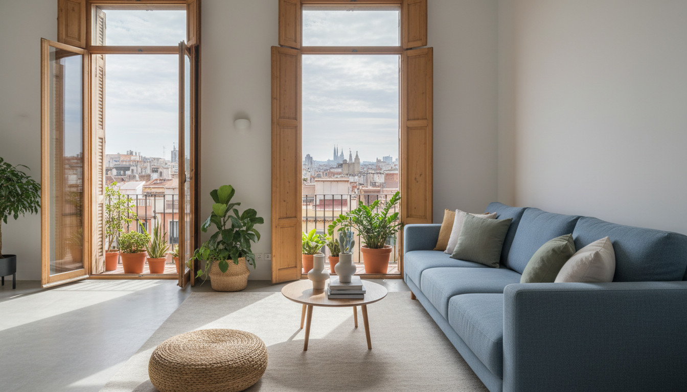 Cozy living room in a Barcelona apartment with morning light streaming through shuttered windows, pl