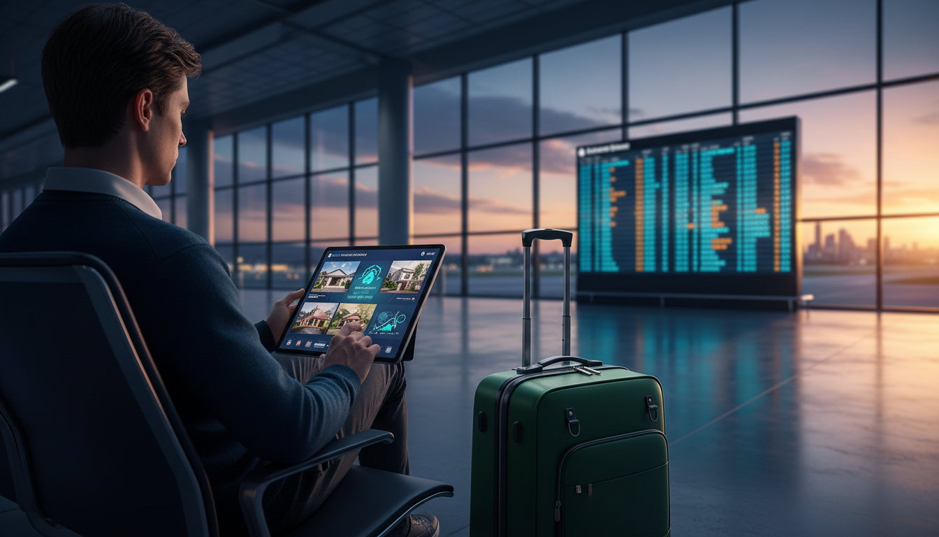 Person browsing home exchange listings on a tablet while sitting in an airport departure lounge, car
