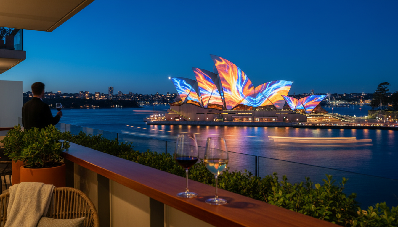 Vivid Sydney light projections transforming the Opera House sails into a canvas of swirling colors,