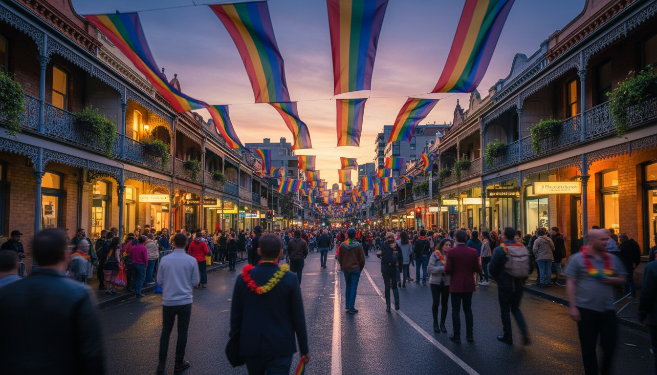 Rainbow flags lining Oxford Street in Darlinghurst at dusk, with crowds beginning to gather along th