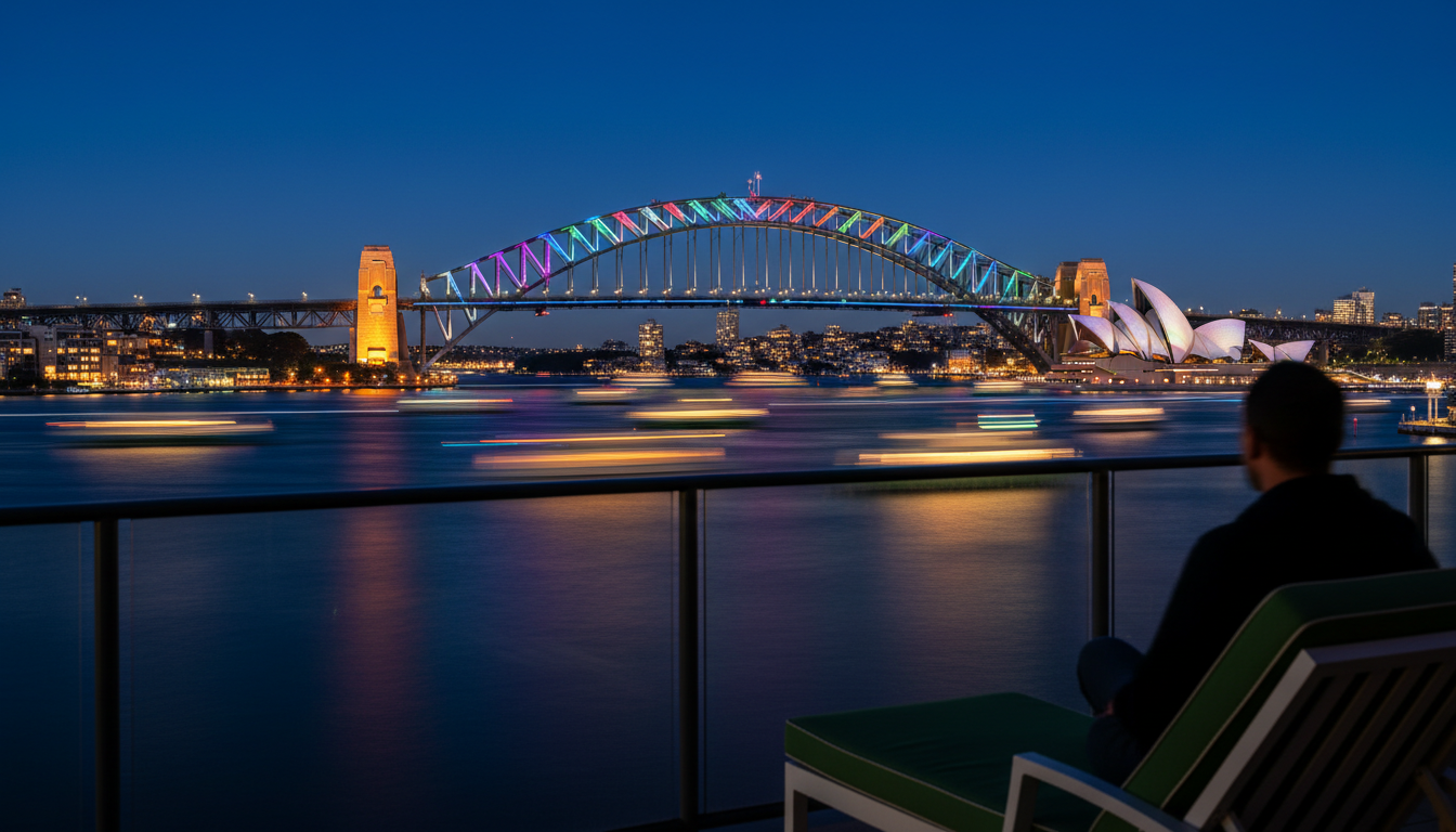 The Sydney Harbour Bridge illuminated during Vivid Sydney, with light trails from ferries crossing t