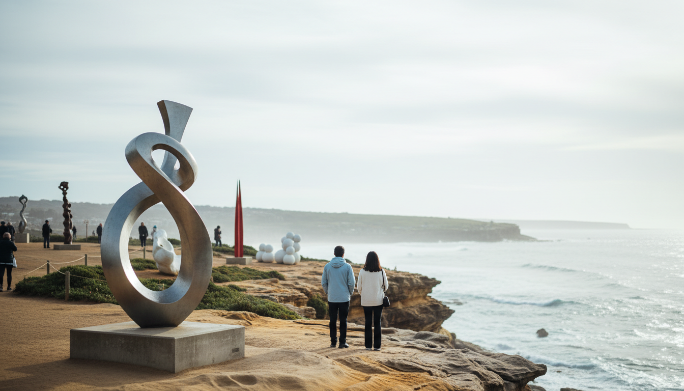 Sculptures installed along the Bondi to Tamarama coastal walk during Sculpture by the Sea, with the