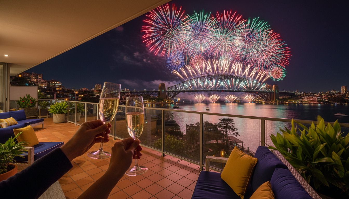 Sydney Harbour Bridge fireworks at midnight on New Years Eve, viewed from a residential balcony in B