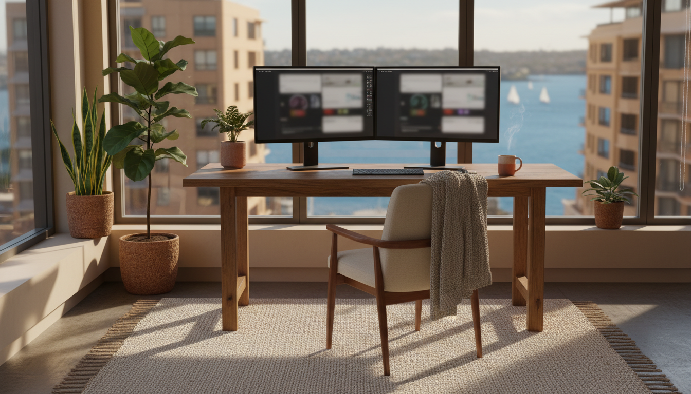 Sunlit home office setup in a Sydney apartment with dual monitors, ergonomic chair, and harbour glim