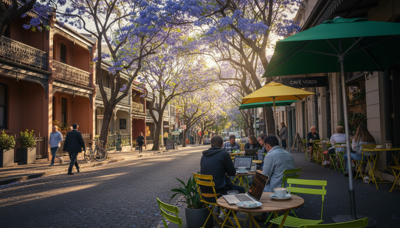 Tree-lined street in Surry Hills with Victorian terraces, corner caf with outdoor seating, morning l