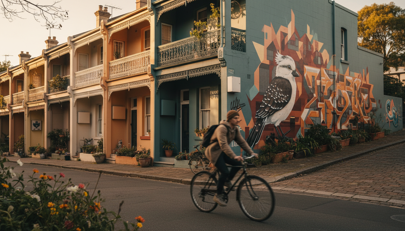 Colourful Victorian terrace houses on a Newtown side street with street art visible on a corner buil