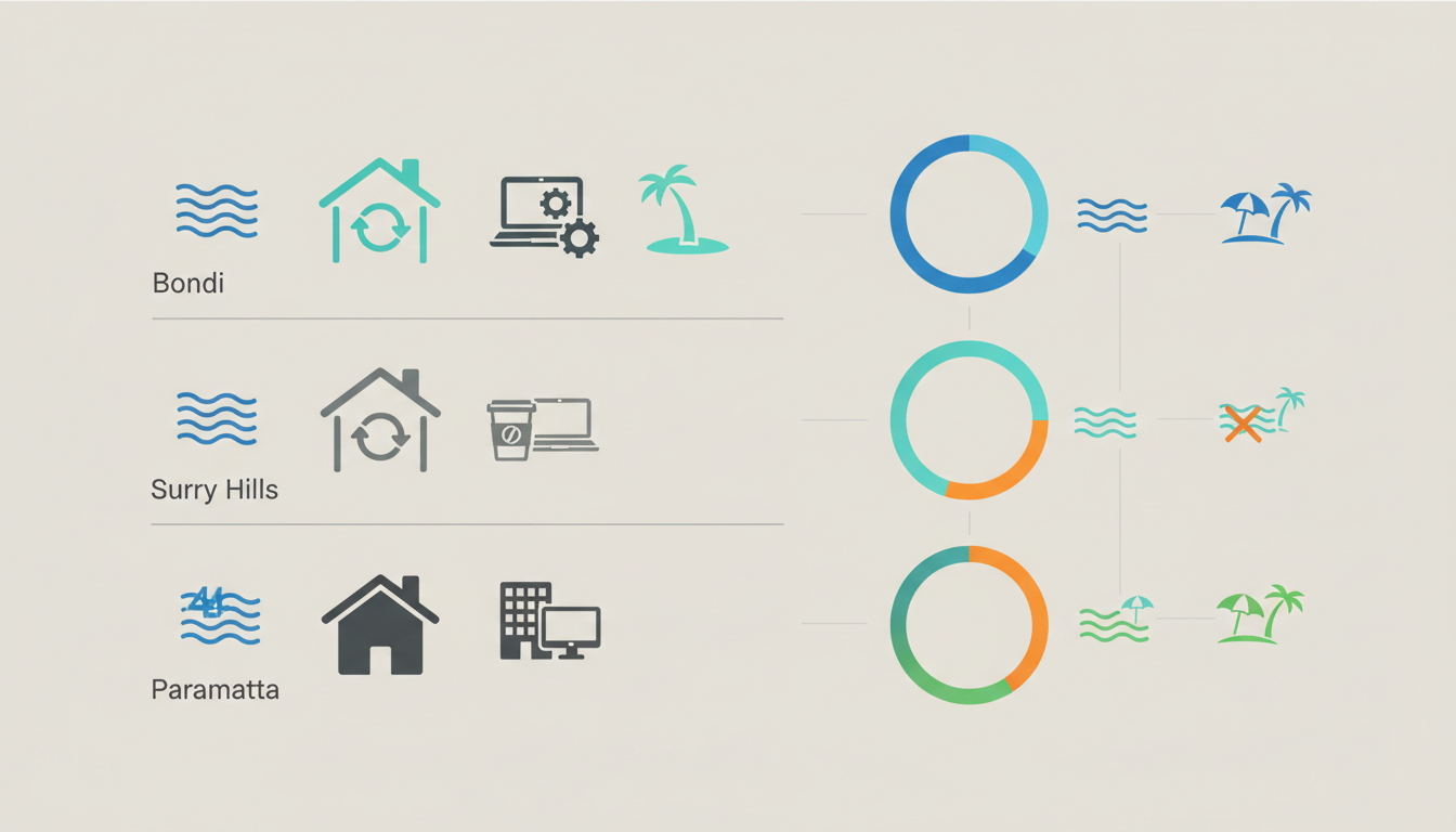 Infographic showing Sydney neighbourhood comparison for remote workers transit access, average home