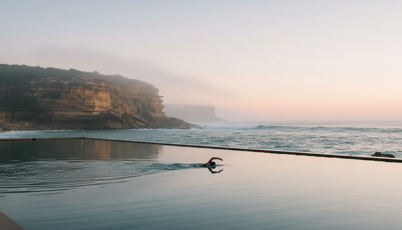 Dawn at Bronte Beach ocean pool with a lone swimmer doing laps, pink sky reflected in the water, san