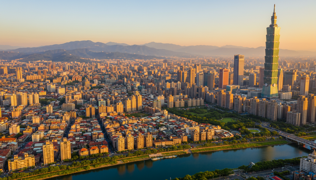 aerial view of Taipei at golden hour showing the contrast between modern Xinyi skyscrapers and older