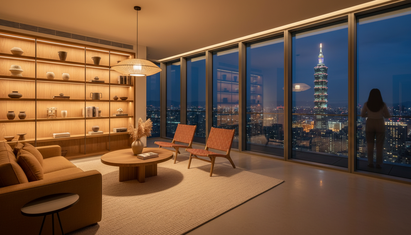 interior of a modern high-rise apartment in Xinyi with floor-to-ceiling windows showing Taipei 101 a