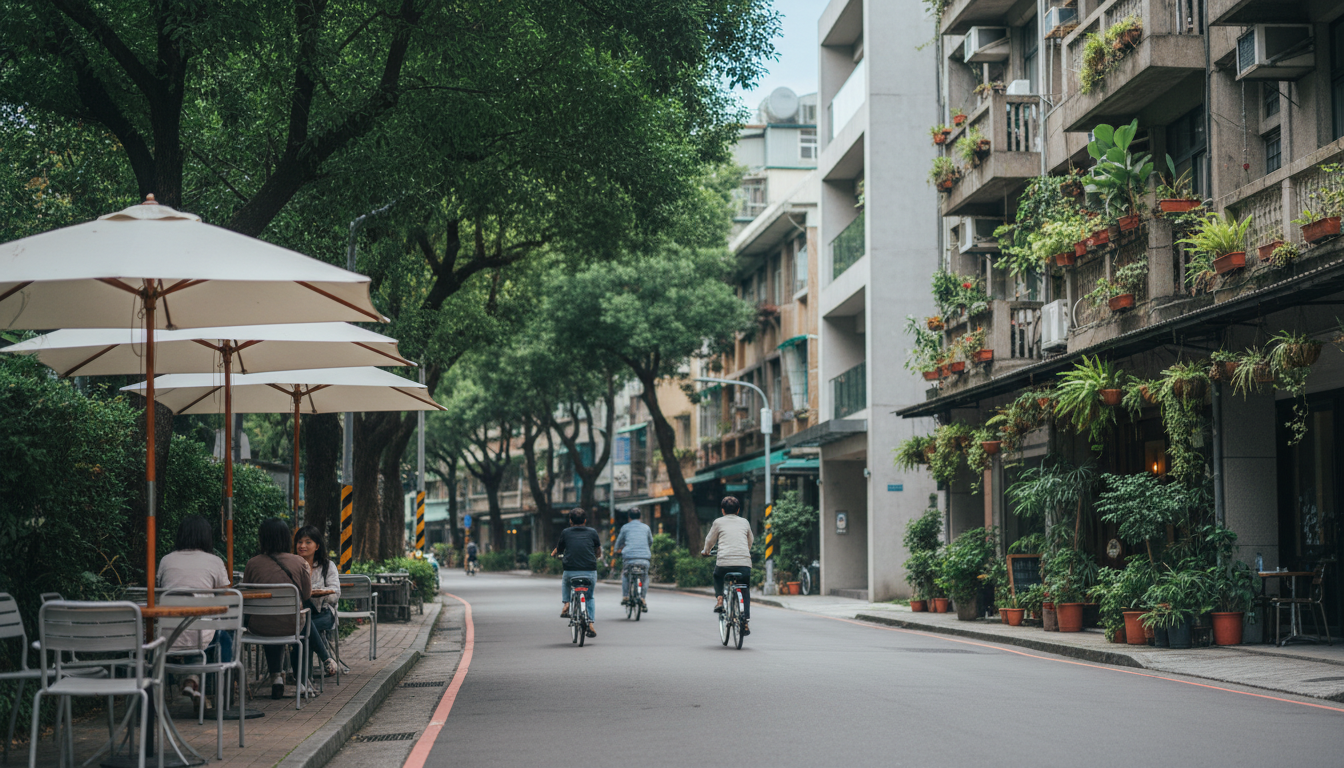 tree-lined street in Daan district with outdoor caf seating, locals on bikes, and a mix of old apart