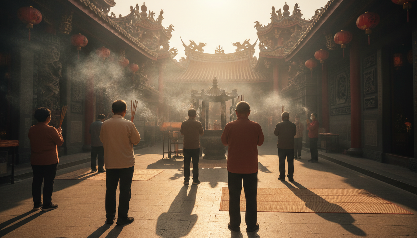 morning scene at Longshan Temple with incense smoke, elderly locals praying, traditional red and gol