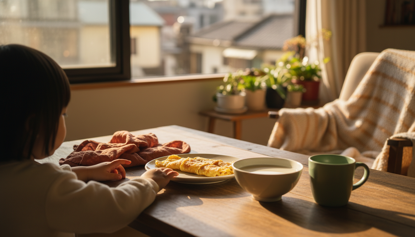 Morning light streaming through a Taipei apartment window, a childs hands reaching for a traditional