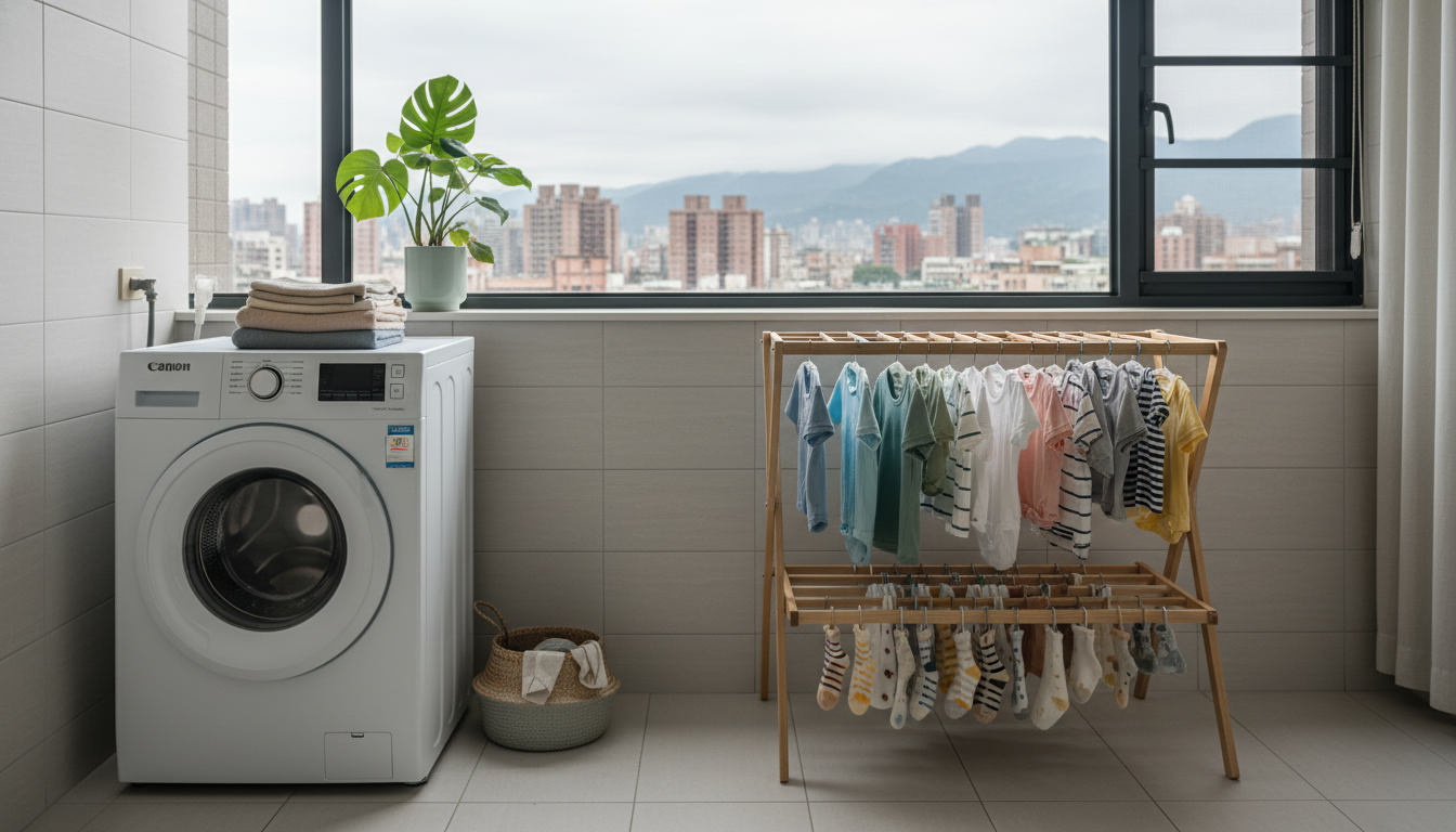 A bright, modern Taiwanese apartment laundry area with a washing machine, colorful childrens clothes