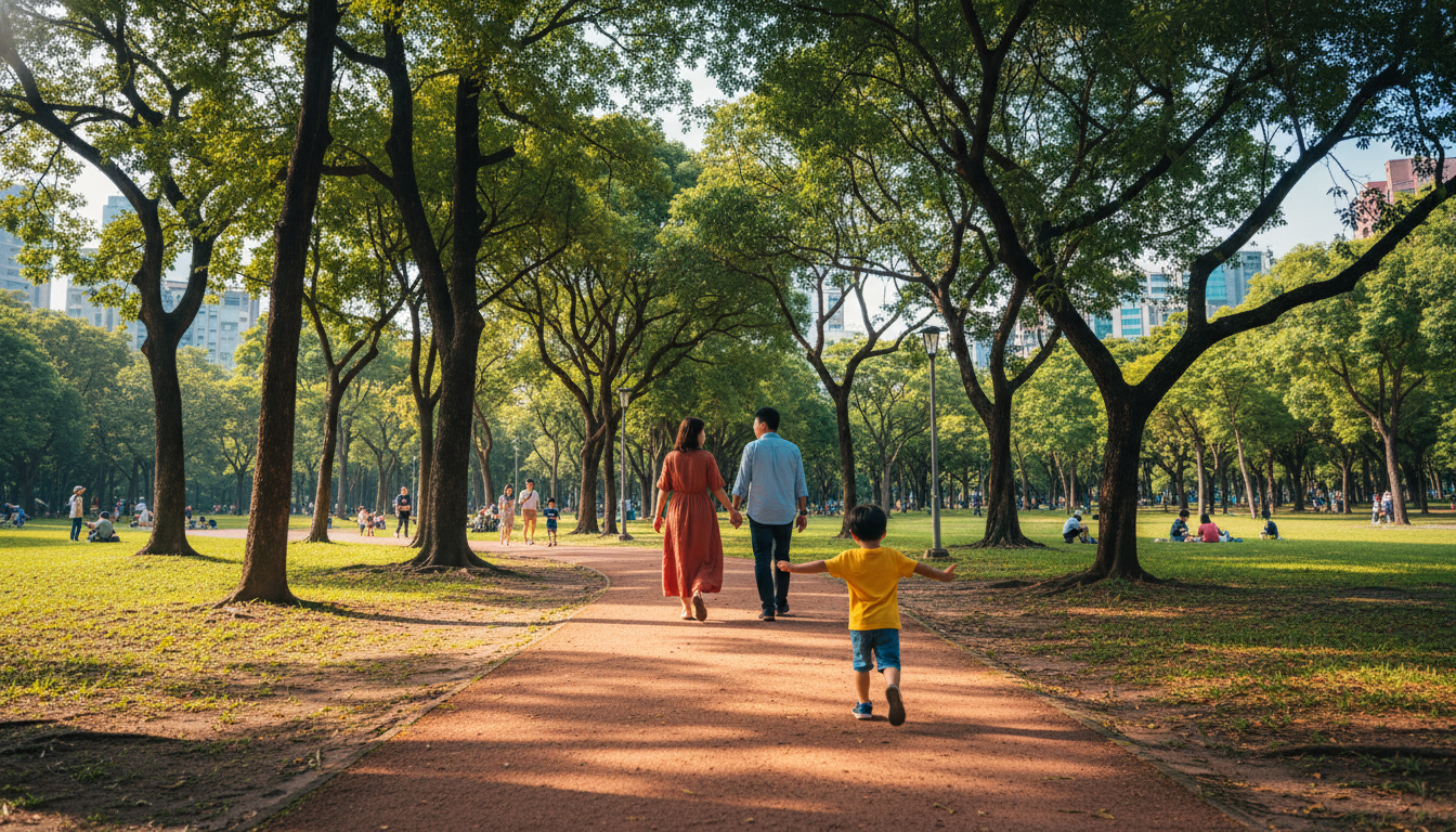 A family walking through Taipeis Daan Forest Park, dappled sunlight through tall trees, a child runn