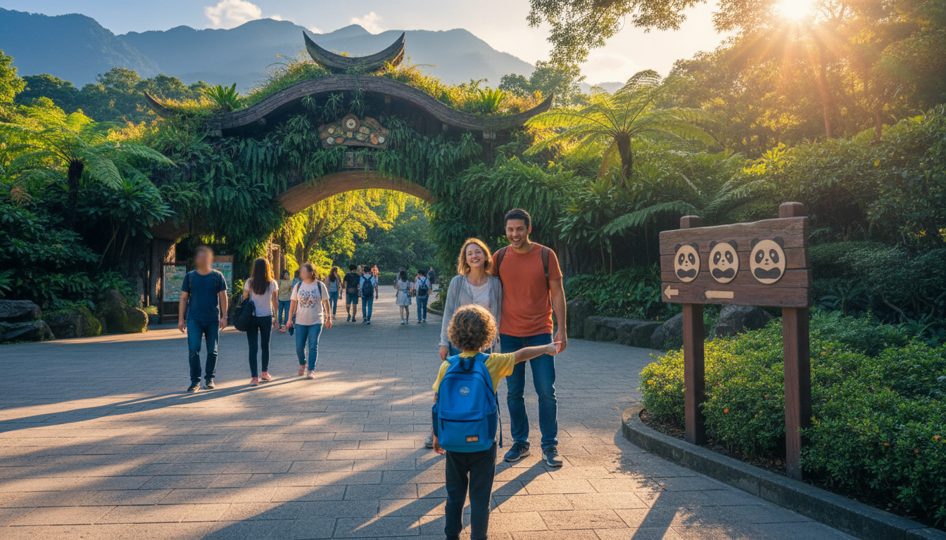 The Taipei Zoo entrance with families walking through, lush green vegetation, a child pointing excit