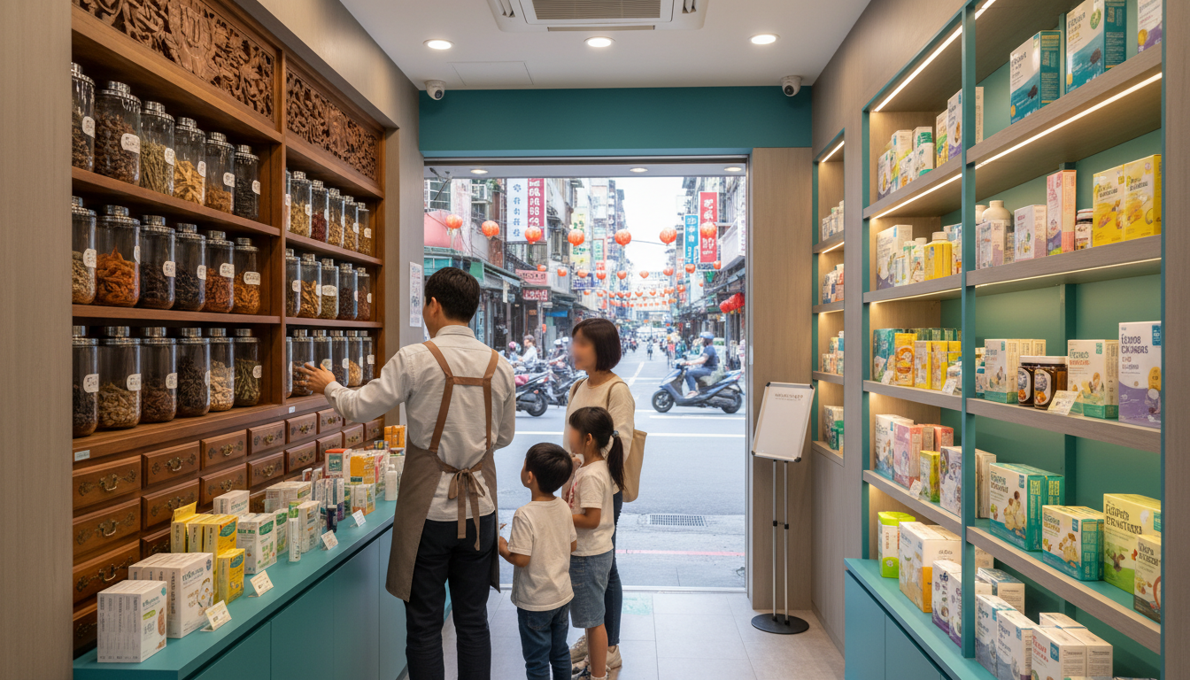 A colorful Taipei pharmacy storefront with traditional medicine displays and modern products, friend