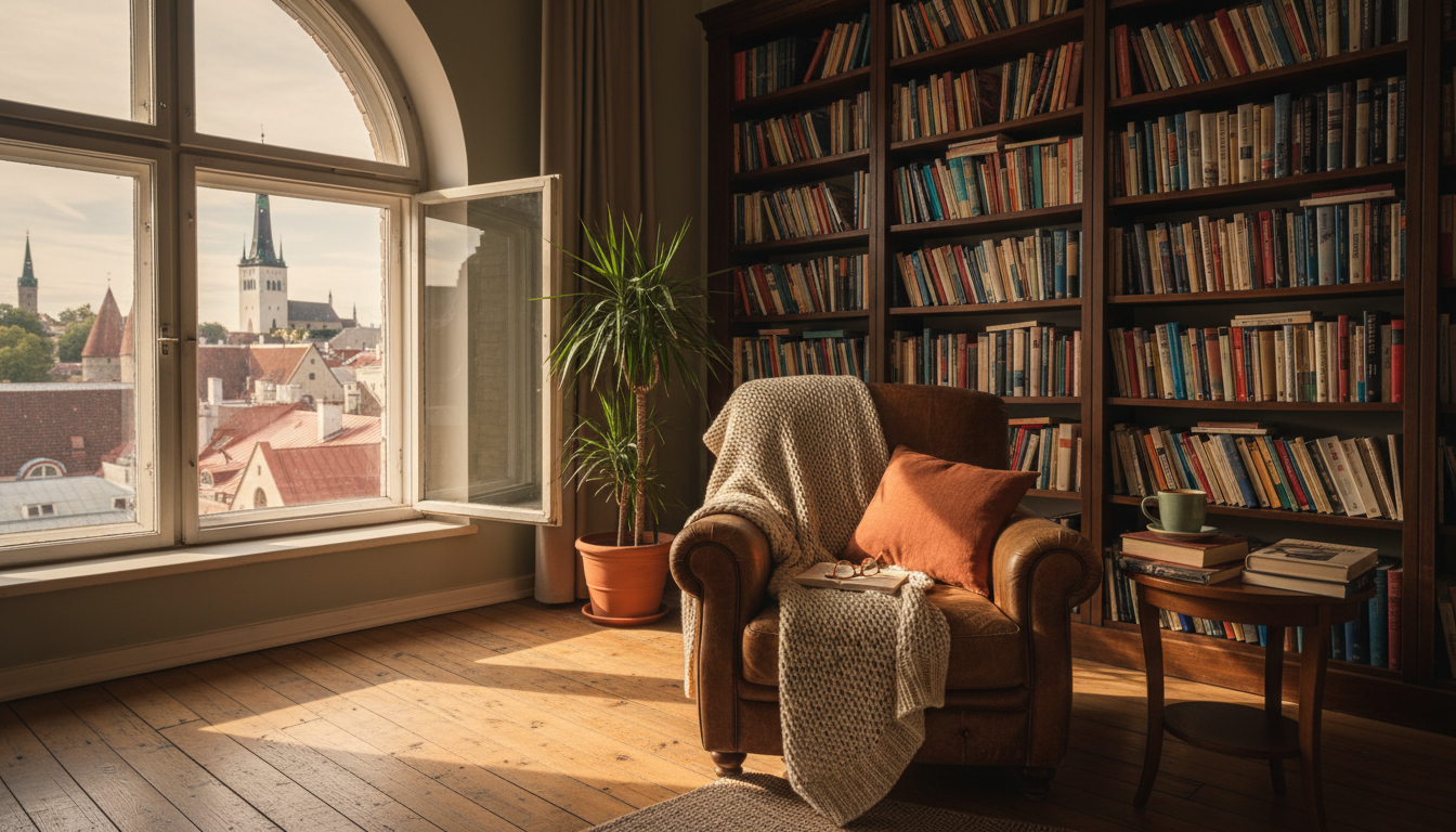 Cozy Tallinn apartment interior with large windows overlooking rooftops, a worn leather reading chai