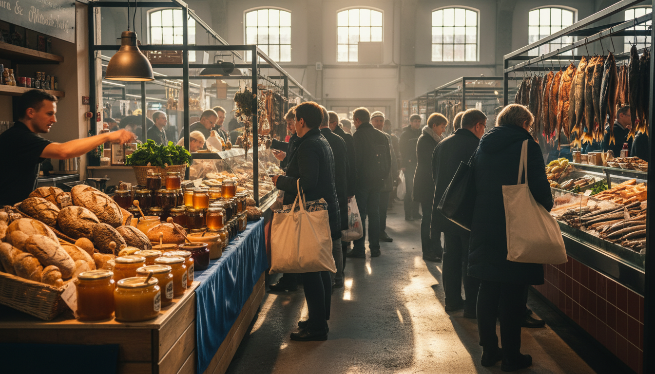 Bustling Balti Jaama Turg market hall with vendors selling fresh bread, local honey, and smoked fish