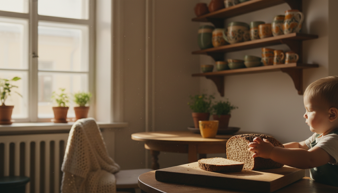 Morning light streaming through a Kalamaja apartment window, showing a cozy kitchen with dark rye br