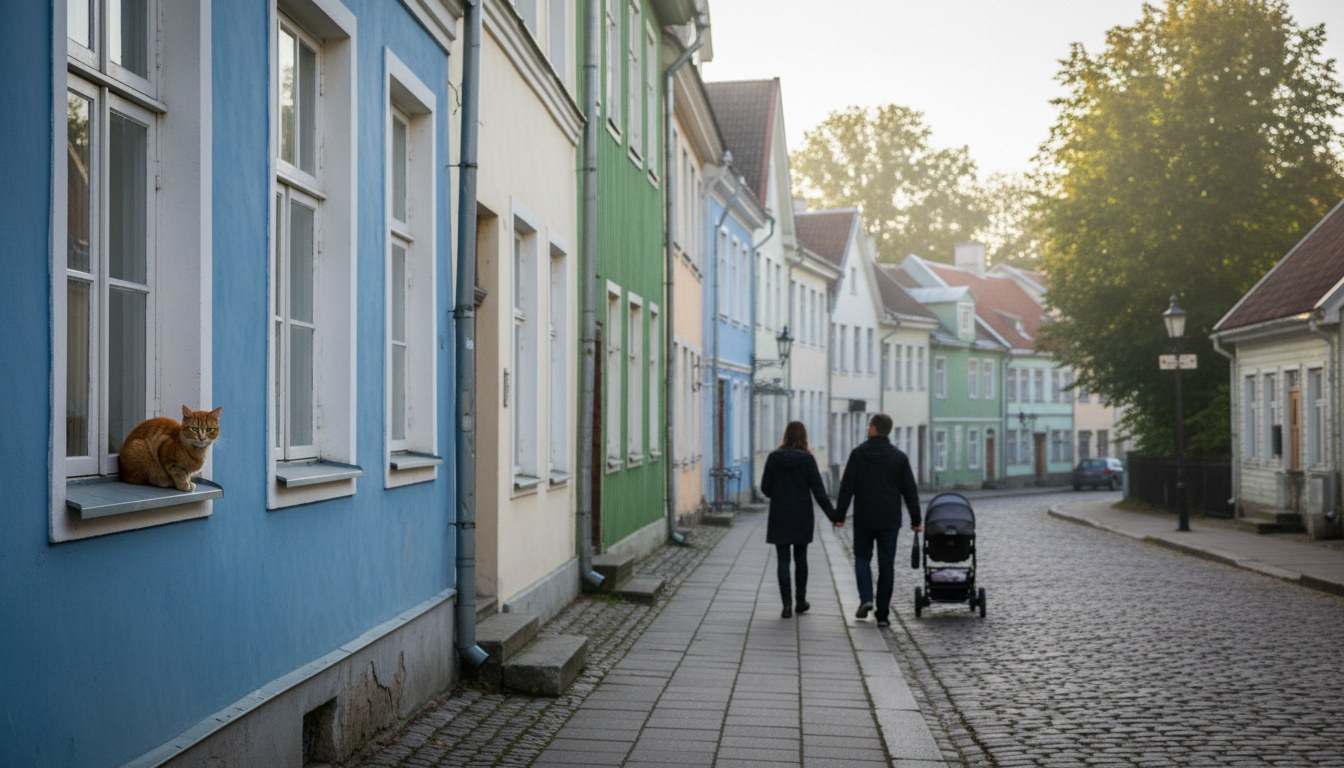 Colorful wooden houses lining a quiet Kalamaja street, a family walking with a stroller, morning lig
