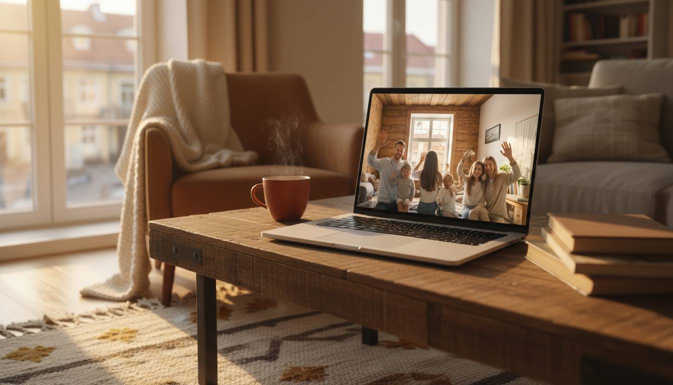 A family video call on a laptop screen, showing two families waving and smiling, one clearly in a Ta
