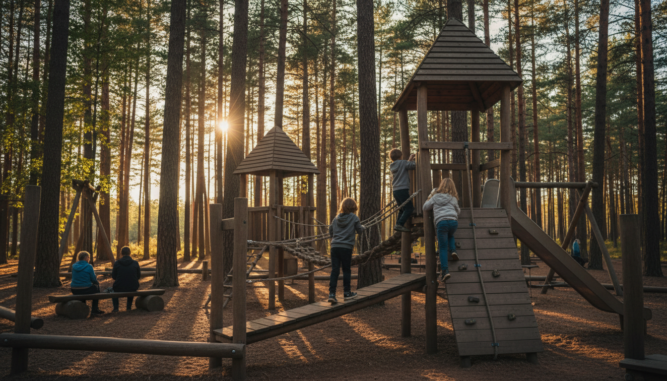 A wooden playground nestled among tall pine trees in Nmme, dappled sunlight, children climbing while