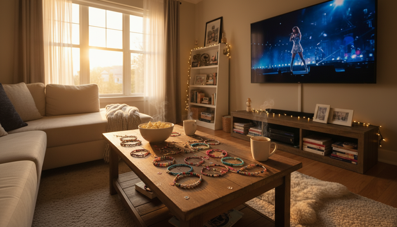 A cozy living room scene with a large TV displaying Taylor Swift performing, friendship bracelets sc