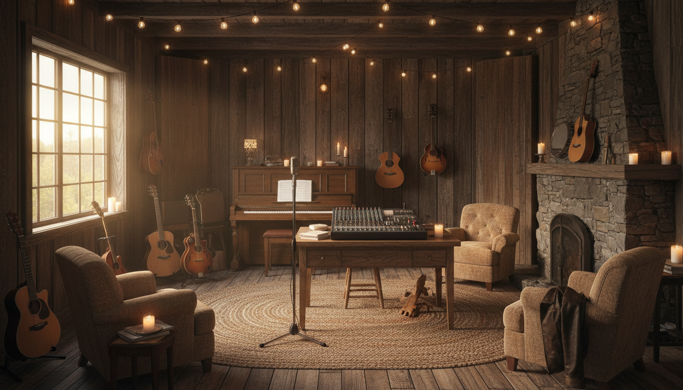 A rustic, wood-paneled recording studio with warm lighting, acoustic instruments visible, creating a