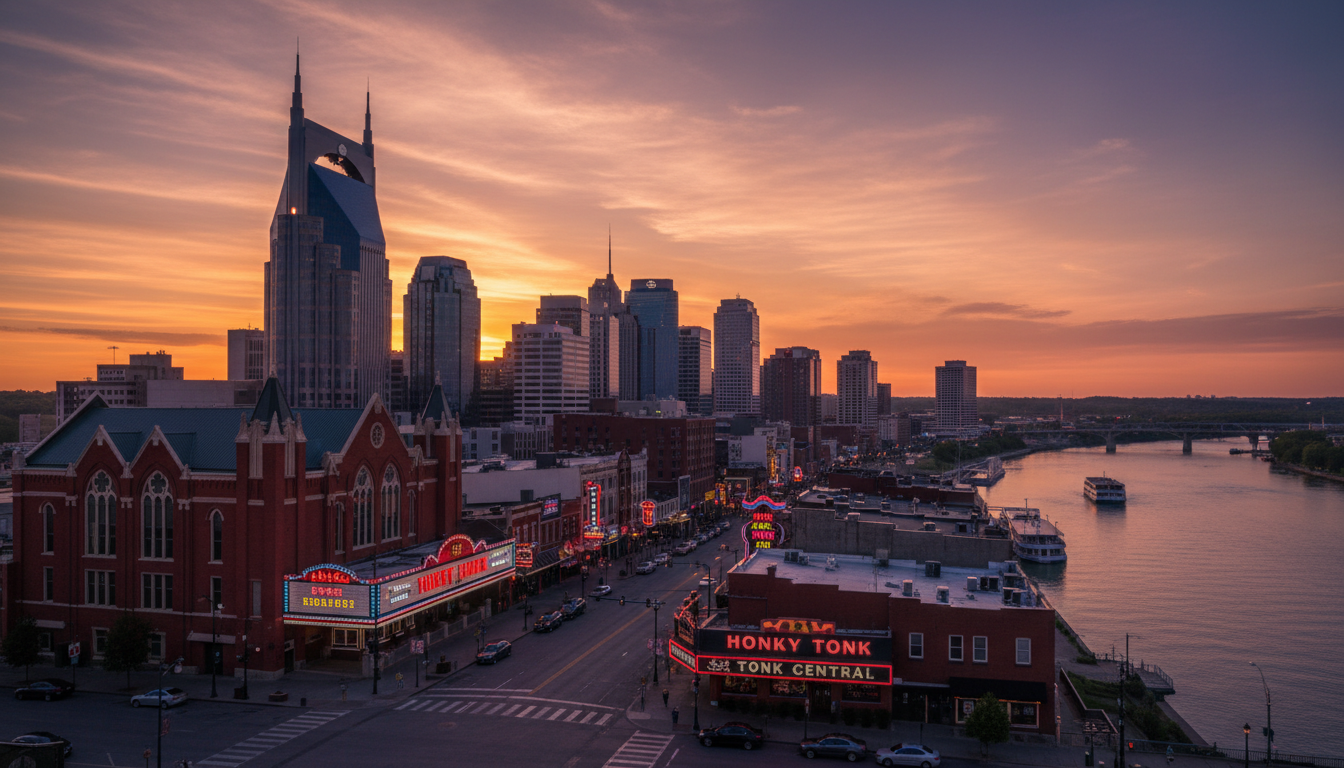 The iconic Nashville skyline at sunset with the Ryman Auditorium visible, Broadways neon lights begi