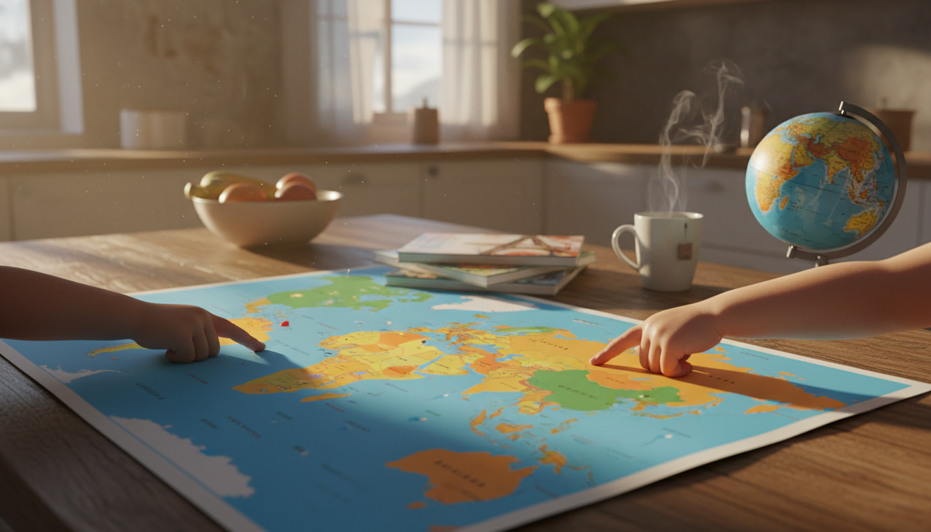 A childs hands pointing at locations on a colorful world map spread across a kitchen table, with tra